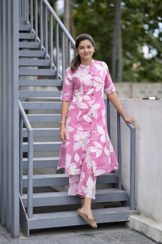 Pink Floral Printed Cotton Straight Kurti for Women | Elegant Casual & Daily Wear
