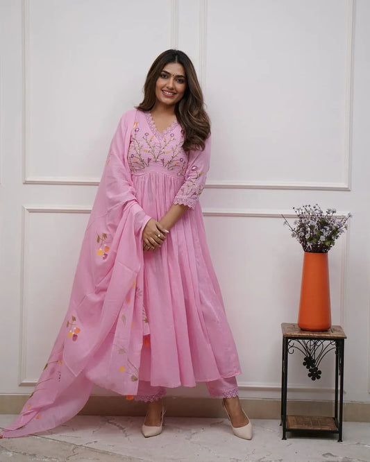 Blush Pink Embroidered Anarkali Kurta Set with Floral Dupatta | Elegant Ethnic Wear for Women