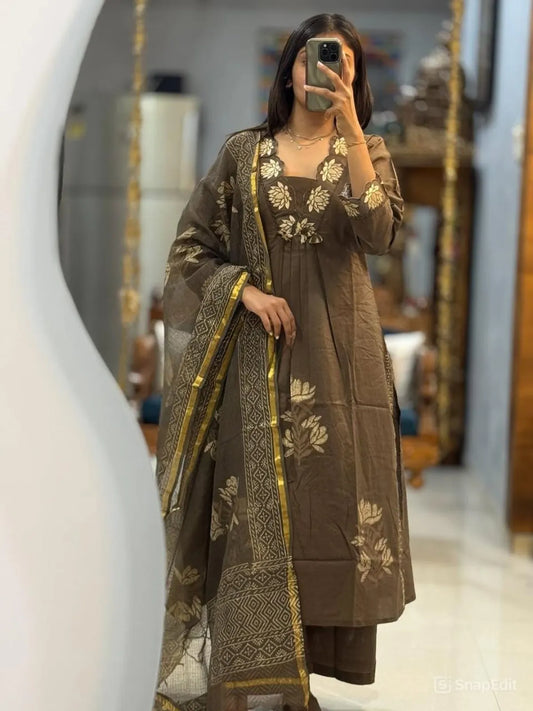 Coffee Brown Embroidered Cotton Kurta Pant Set with Printed Dupatta | Elegant Women's Ethnic Wear