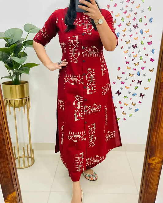 Crimson Red Tribal Print Button-Down Kurta Pant Set | Stylish Women's Cotton Ethnic Wear