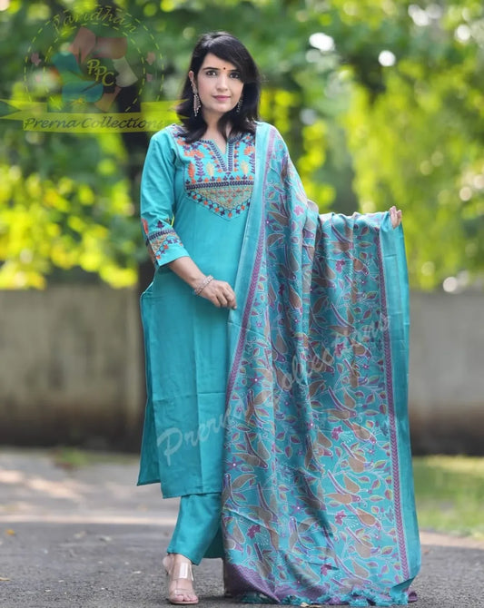Elegant Teal Blue Embroidered Kurta Pant & Printed Dupatta Set for Women | Ethnic Cotton Suit