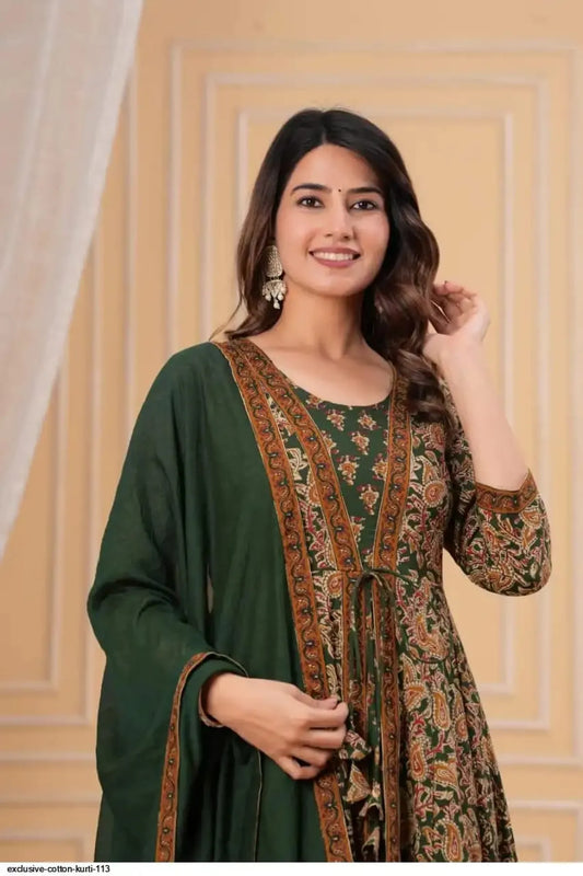 Elegant Emerald Green Floral Printed Anarkali Kurta Pant & Dupatta Set for Women | Festive Ethnic Wear