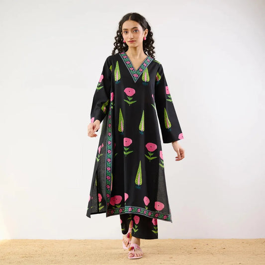 Women's Black Floral Printed Straight Kurta Set with Palazzo & Dupatta