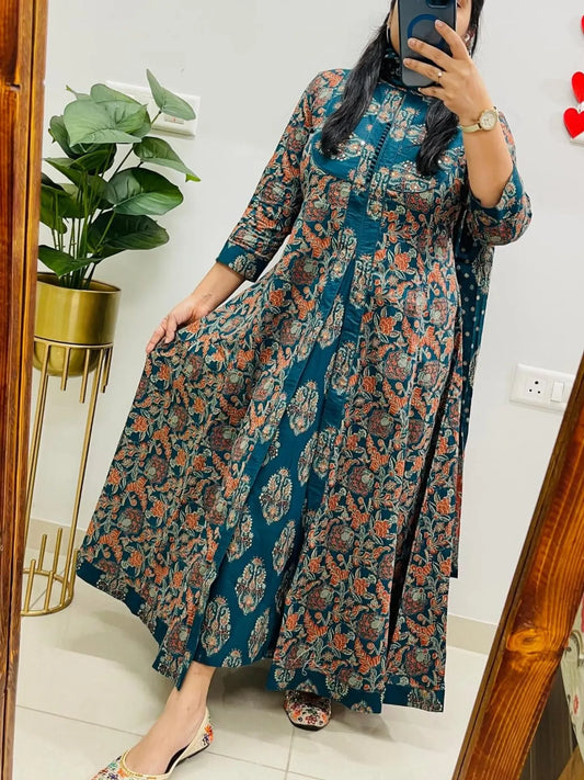 Women's Teal Green Floral Printed Anarkali Kurta Set with Dupatta