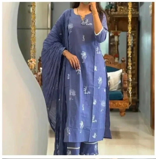 Lavender Bloom Handblock Printed Cotton Kurta Set with Dupatta