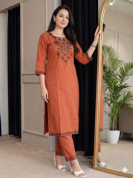 Rust Orange Embroidered Cotton Kurta Set with Straight Pants for Women
