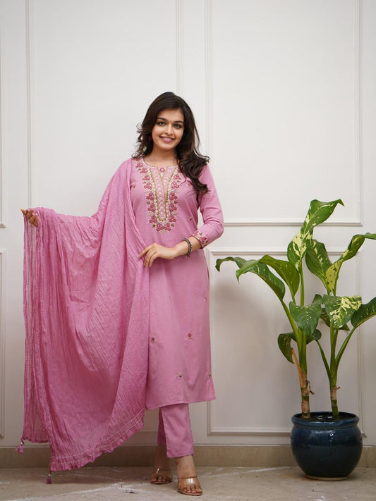 Blush Pink Embroidered Cotton Kurta Set with Crinkle Dupatta for Women