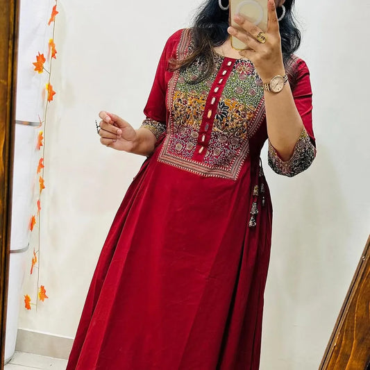 Wine Red Heritage Print A-Line Kurta