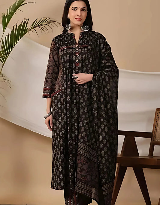 Black Printed Kurta Pant Set with Matching Dupatta | Elegant Women's Ethnic Wear