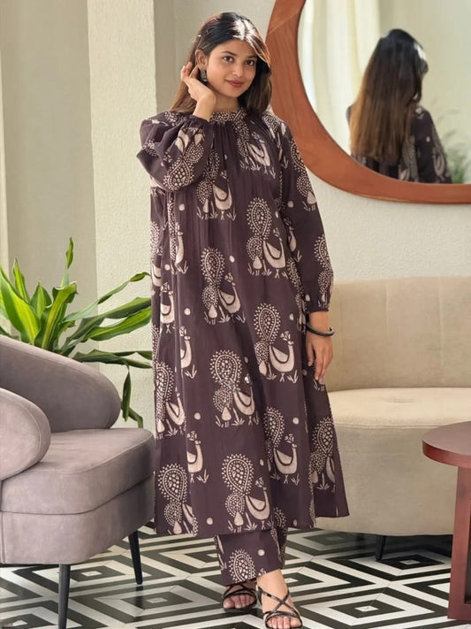 Mocha Brown Handblock Print A-Line Kurta Set for Women