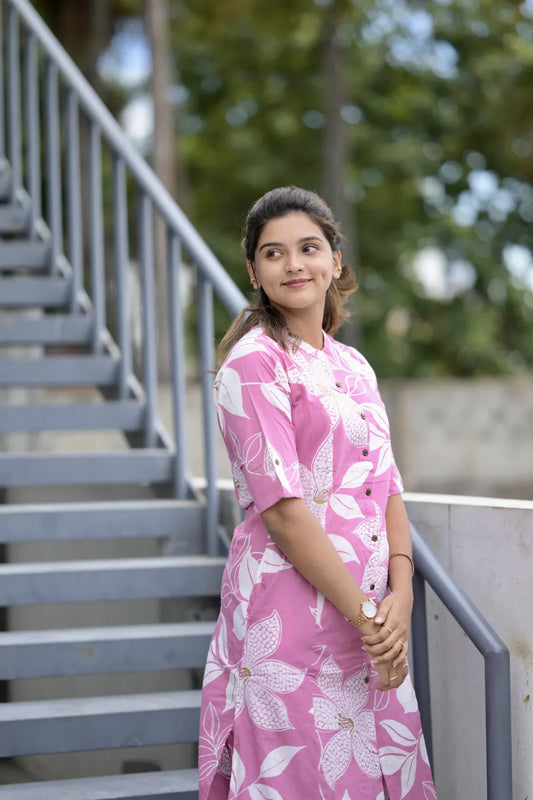 Pink Floral Printed Cotton Straight Kurti for Women | Elegant Casual & Daily Wear