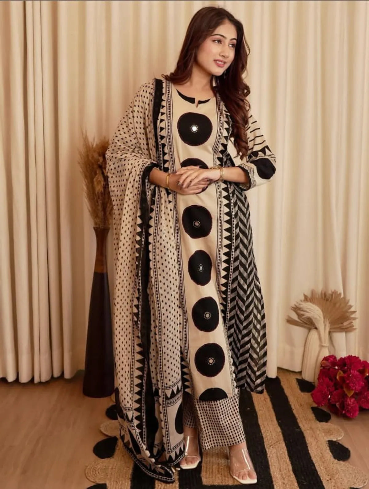 Beige & Black Geometric Printed Kurta Set with Coordinated Dupatta | Elegant Ethnic Wear for Women