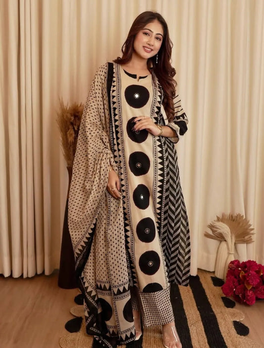 Beige & Black Geometric Printed Kurta Set with Coordinated Dupatta | Elegant Ethnic Wear for Women