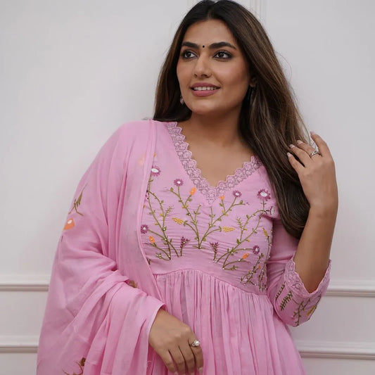 Blush Pink Embroidered Anarkali Kurta Set with Floral Dupatta | Elegant Ethnic Wear for Women