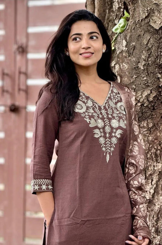 Brown Embroidered Kurta Pant Set with Printed Dupatta | Elegant Women's Ethnic Wear