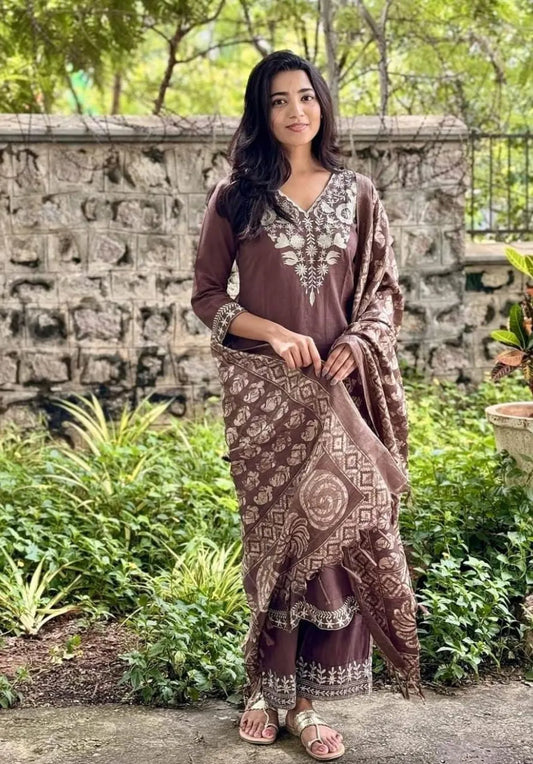 Brown Embroidered Kurta Pant Set with Printed Dupatta | Elegant Women's Ethnic Wear