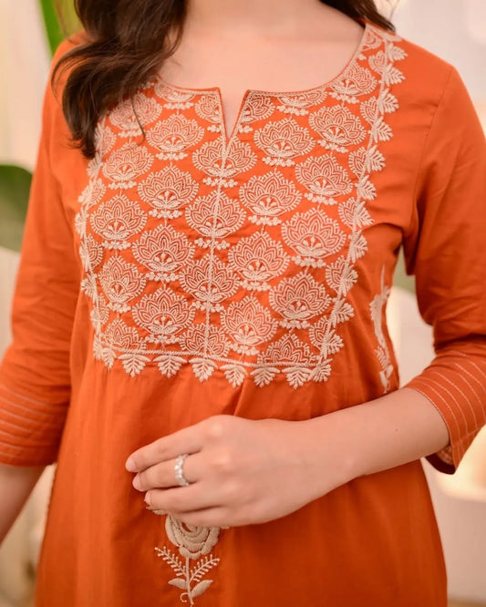 Burnt Orange Embroidered Kurta Pant Set with Chiffon Dupatta | Elegant Women's Ethnic Wear