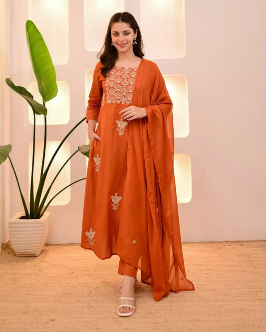 Burnt Orange Embroidered Kurta Pant Set with Chiffon Dupatta | Elegant Women's Ethnic Wear