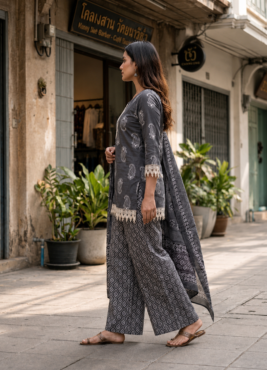 Elegant Slate Grey Handblock Print Kurta Palazzo Set with Dupatta
