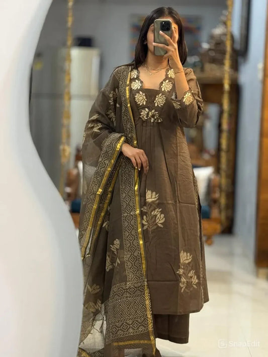 Coffee Brown Embroidered Cotton Kurta Pant Set with Printed Dupatta | Elegant Women's Ethnic Wear