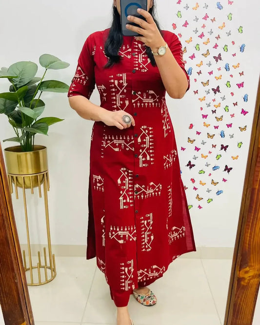 Crimson Red Tribal Print Button-Down Kurta Pant Set | Stylish Women's Cotton Ethnic Wear