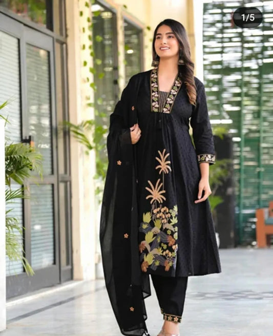 Elegant Black Embroidered Cotton Kurti Pant & Dupatta Set for Women | Festive & Ethnic Wear