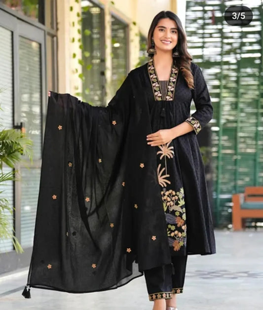 Elegant Black Embroidered Cotton Kurti Pant & Dupatta Set for Women | Festive & Ethnic Wear