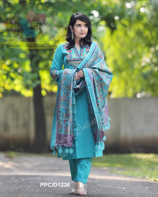 Elegant Teal Blue Embroidered Kurta Pant & Printed Dupatta Set for Women | Ethnic Cotton Suit