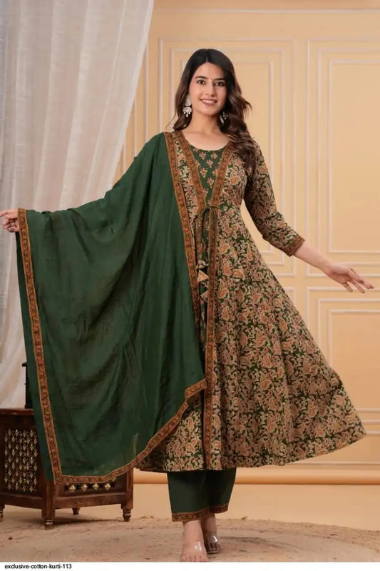 Elegant Emerald Green Floral Printed Anarkali Kurta Pant & Dupatta Set for Women | Festive Ethnic Wear