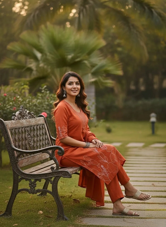 Elegant Rust Orange Embroidered Kurta Pant & Dupatta Set for Women | Traditional Ethnic Wear