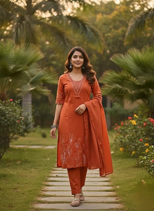 Elegant Rust Orange Embroidered Kurta Pant & Dupatta Set for Women | Traditional Ethnic Wear