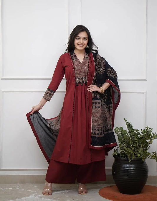 Elegant Maroon Printed Kurta Palazzo & Dupatta Set for Women | Ethnic Festive Wear