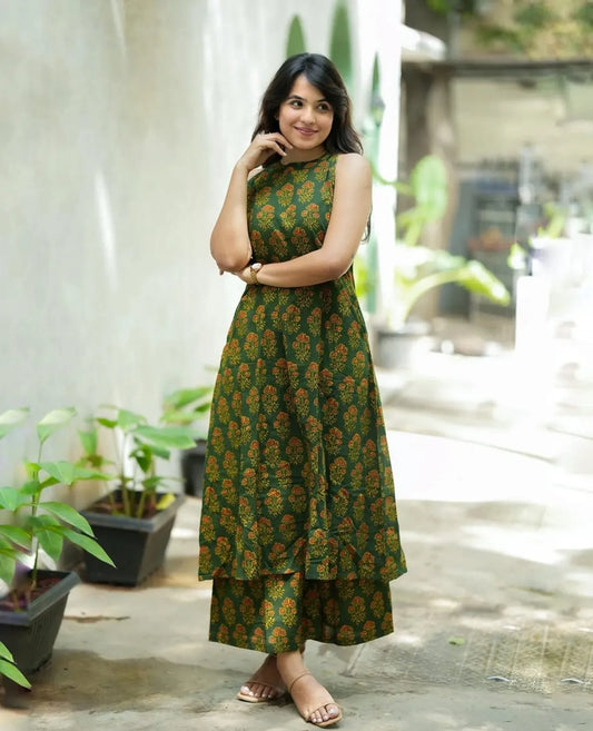 Elegant Green Floral Printed Sleeveless Kurti & Palazzo Set for Women | Casual Ethnic Co-ord Set