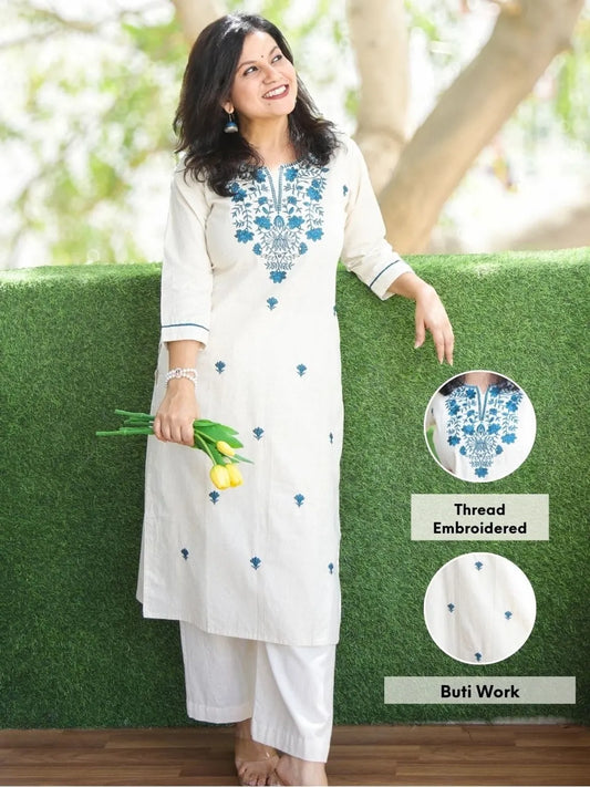 Women's Ivory Embroidered Straight Kurta with Palazzo Set