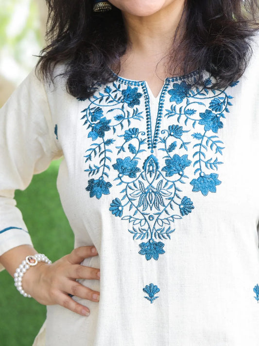 Women's Ivory Embroidered Straight Kurta with Palazzo Set