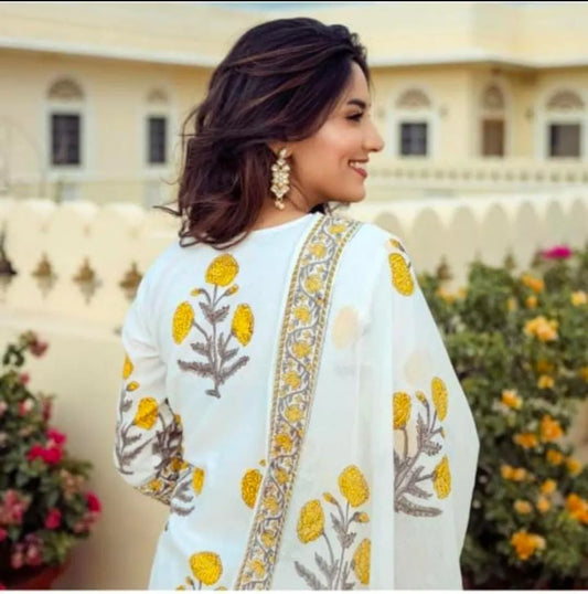 Women's Ivory White Floral Printed Kurta Sharara Set with Dupatta