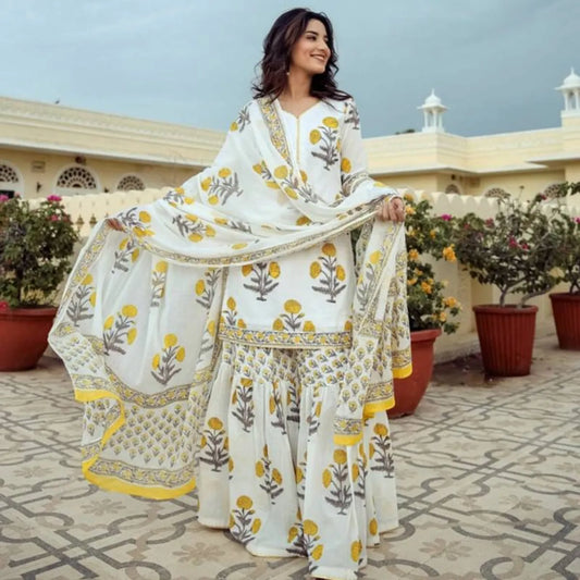 Women's Ivory White Floral Printed Kurta Sharara Set with Dupatta