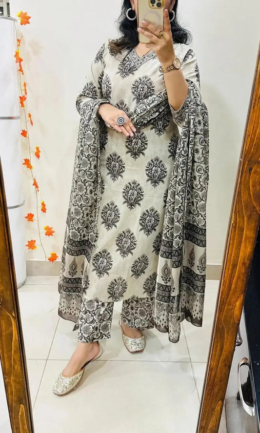 Elegant Ivory & Black Hand Block Printed Cotton Kurta Pant & Dupatta Set for Women | Ethnic Wear
