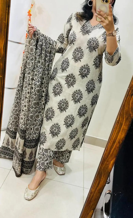 Elegant Ivory & Black Hand Block Printed Cotton Kurta Pant & Dupatta Set for Women | Ethnic Wear