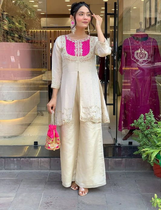 Elegant Ivory & Fuchsia Embroidered Kurta with Palazzo Set for Women | Festive & Party Wear Ethnic Suit