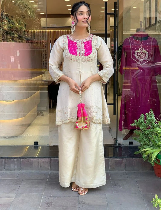 Elegant Ivory & Fuchsia Embroidered Kurta with Palazzo Set for Women | Festive & Party Wear Ethnic Suit
