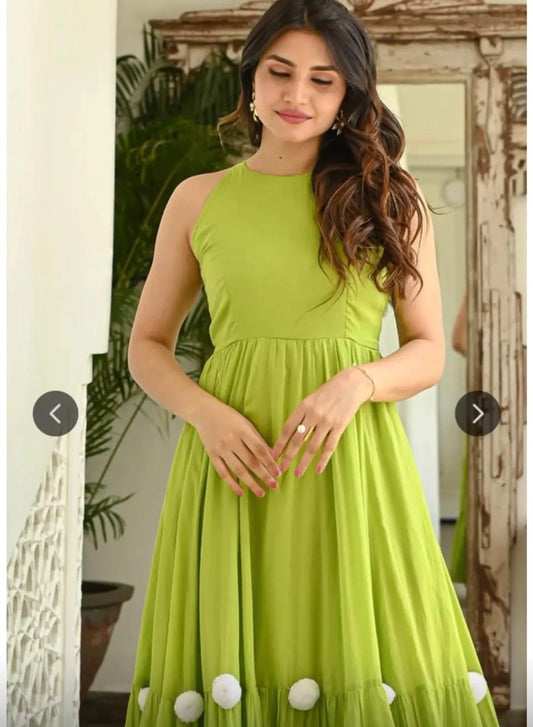 Women's Lime Green Sleeveless Flared Maxi Dress with Pom-Pom Hem