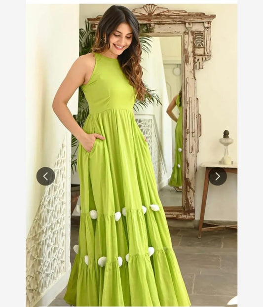 Women's Lime Green Sleeveless Flared Maxi Dress with Pom-Pom Hem