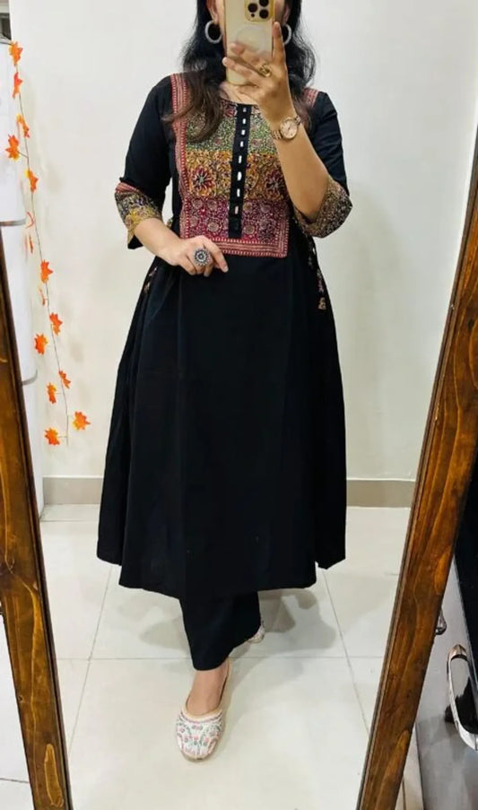 Midnight Black Ethnic Panel A-Line Kurta Set