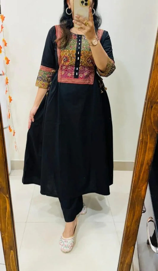 Midnight Black Ethnic Panel A-Line Kurta Set