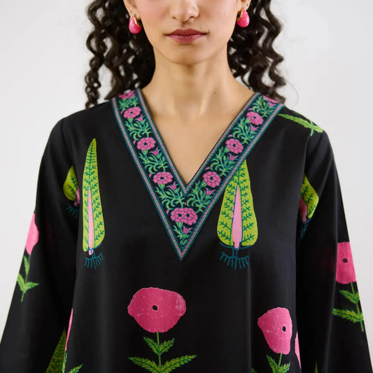 Women's Black Floral Printed Straight Kurta Set with Palazzo & Dupatta