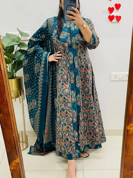 Women's Teal Green Floral Printed Anarkali Kurta Set with Dupatta