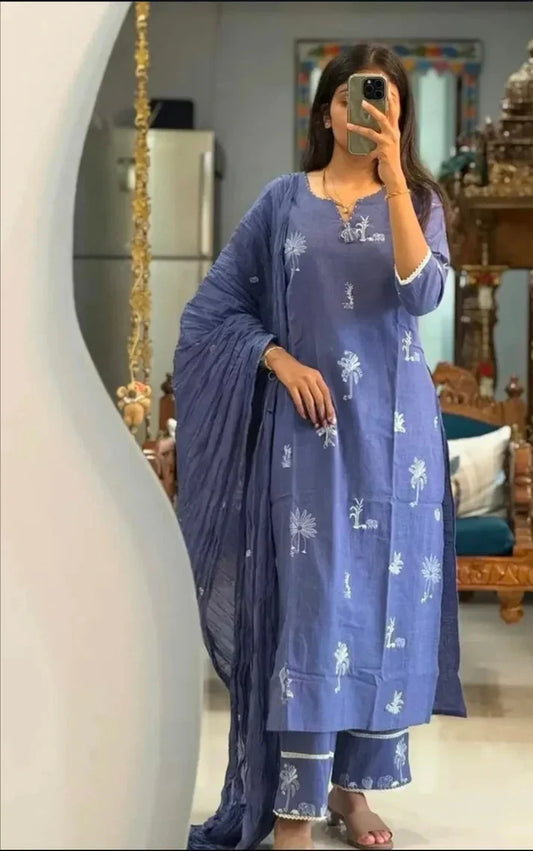 Lavender Bloom Handblock Printed Cotton Kurta Set with Dupatta