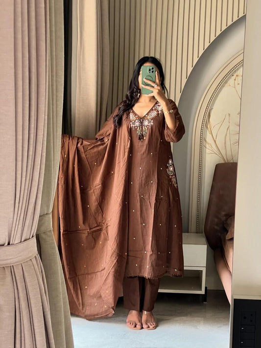 Chocolate Brown Embroidered Kurta Set with Dupatta