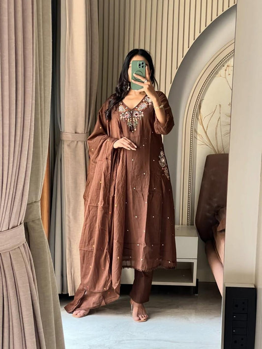 Chocolate Brown Embroidered Kurta Set with Dupatta